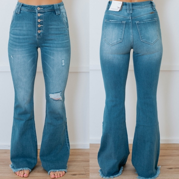 Denim - High Rise Waist Flare Distressed Jeans Bell Bottom